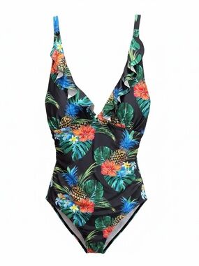 Tropical Floral Ruffle One-Piece Swimsuit - Black
